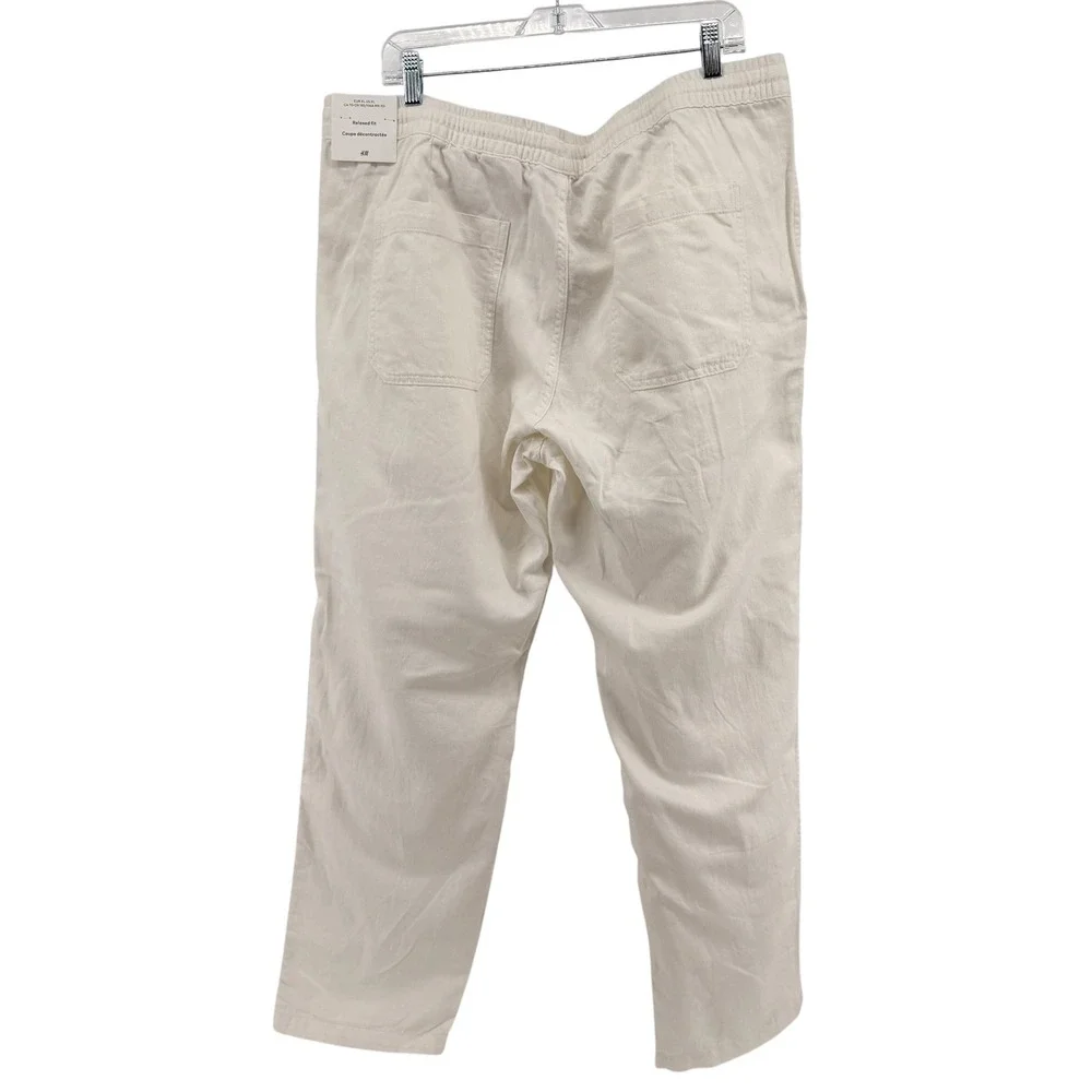 NEW H&M Linen Blend Trousers Mens XL Relaxed Pants Off-White Drawstring Coastal
